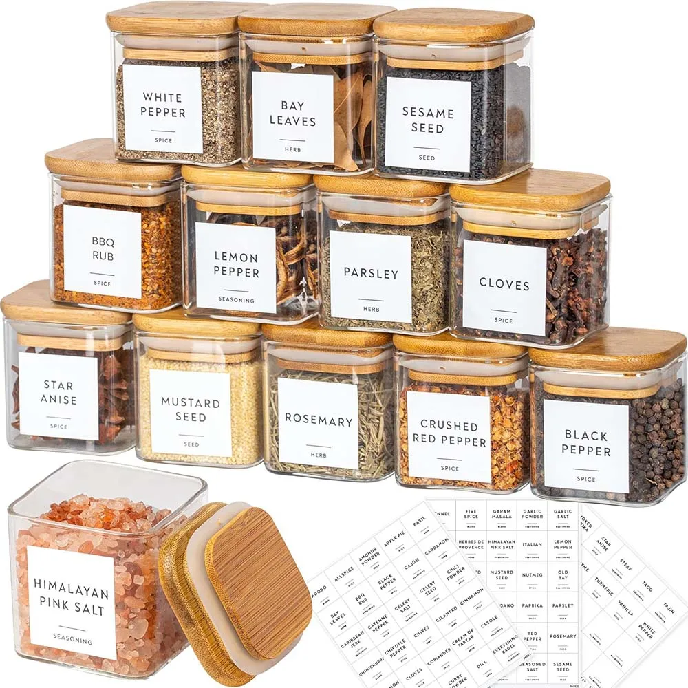 Meal Prep Glass Containers With Lids - 5oz Square Spice Jars with Bamboo